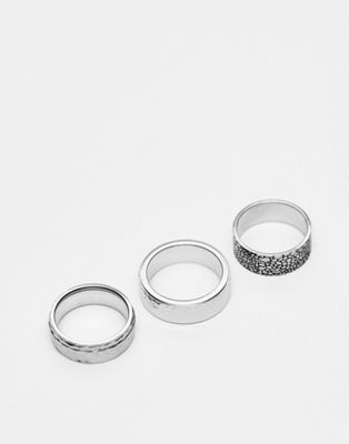 ASOS DESIGN 3 pack waterproof stainless steel band rings with texture in silver tone
