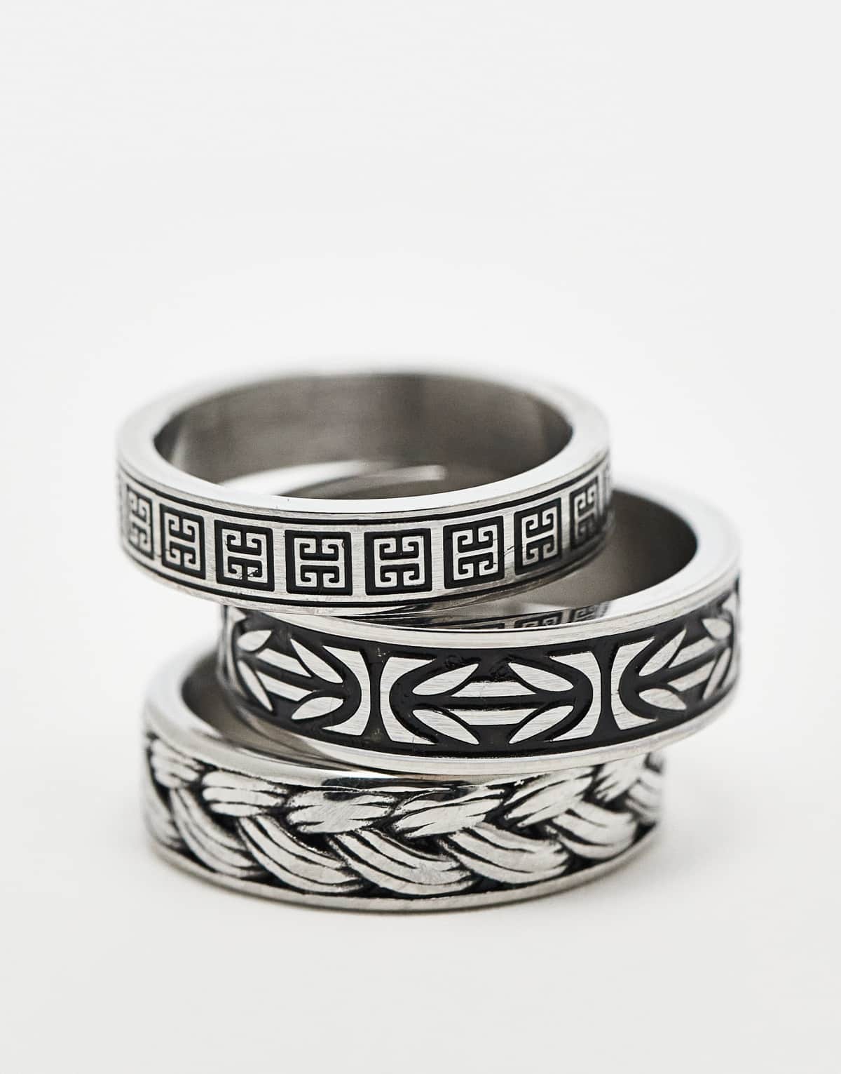 ASOS DESIGN 3 pack waterproof stainless steel burnished design band rings in silver tone