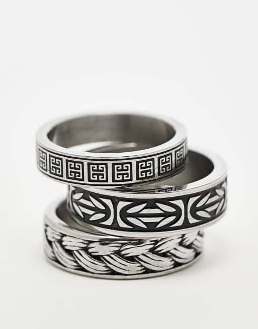 ASOS DESIGN 3 pack waterproof stainless steel burnished design band rings in silver tone