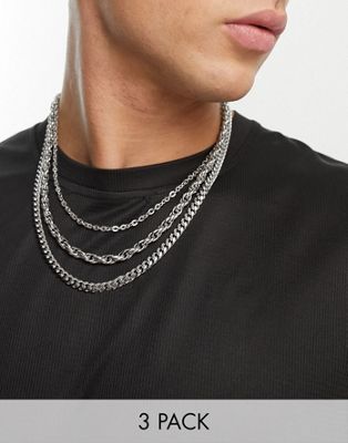 ASOS DESIGN 3 pack waterproof stainless steel chunky neck chain pack in silver tone - ASOS Price Checker
