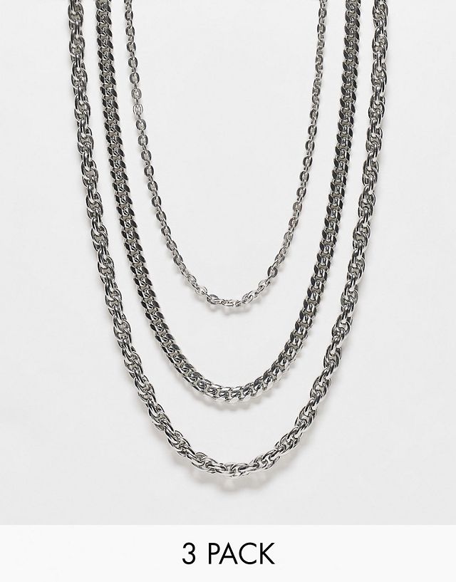 ASOS DESIGN 3 pack waterproof stainless steel chunky neck chain pack in silver tone