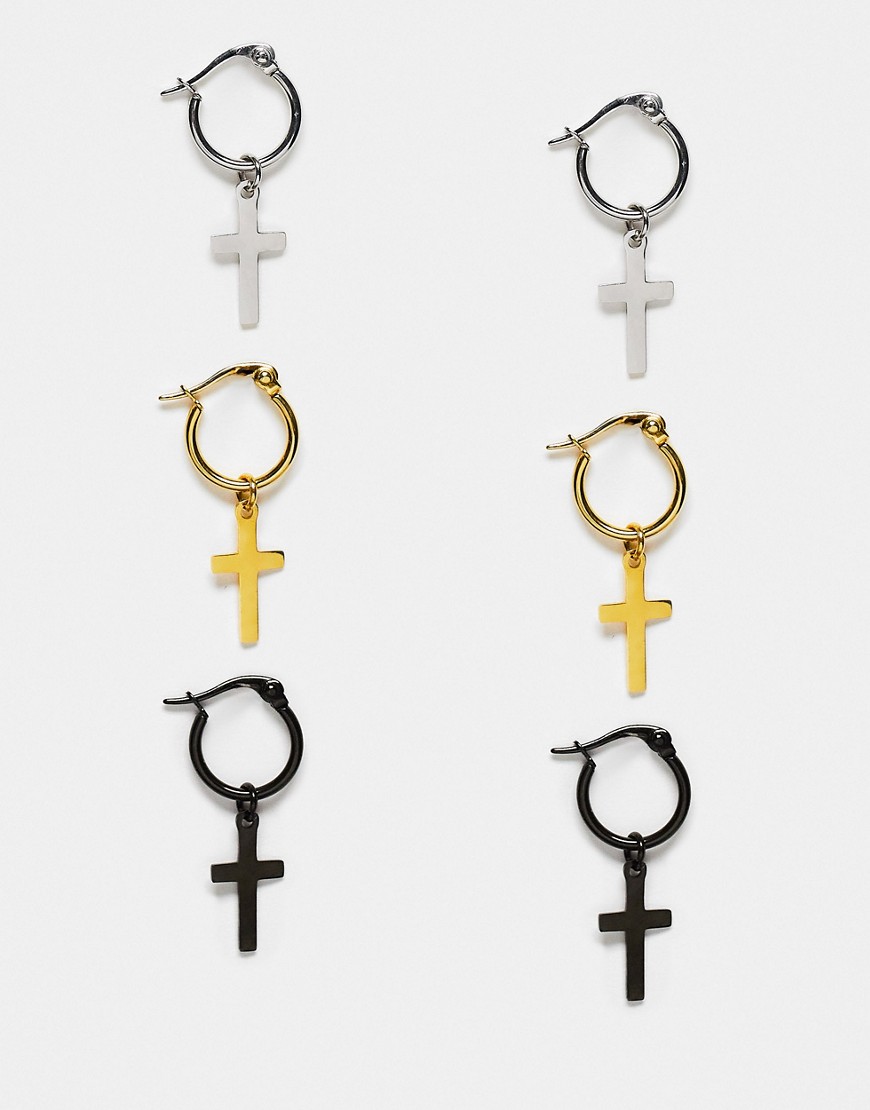 3-pack waterproof stainless steel hoop earrings set with cross pendant in silver, gold and matte black-Multi