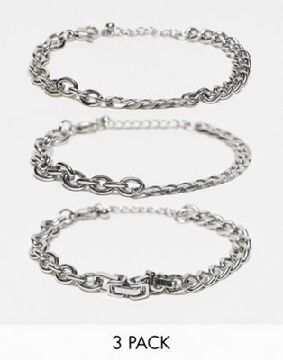 ASOS DESIGN 3 pack waterproof stainless steel mixed chain bracelet set in burnished silver tone - ASOS Price Checker