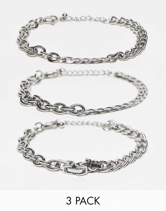 ASOS DESIGN 3 pack waterproof stainless steel mixed chain bracelet set in burnished silver tone