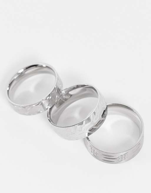 ASOS Design 3 Pack Waterproof Stainless Steel Band Ring Set in Silver Tone