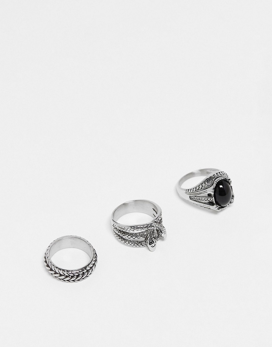 ASOS DESIGN 3 pack waterproof stainless steel rings in silver tone with black stone