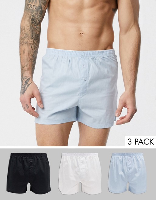 ASOS DESIGN 3 pack woven boxer in black white and blue save