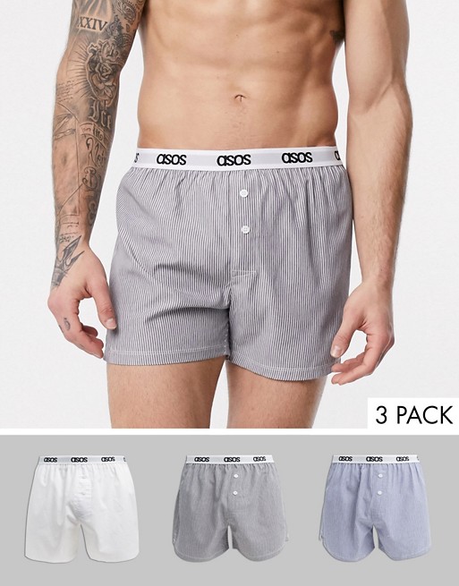 ASOS DESIGN 3 pack woven boxer in stripe and plain save