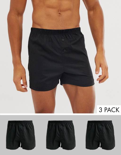 ASOS DESIGN 3 pack woven boxers in black save