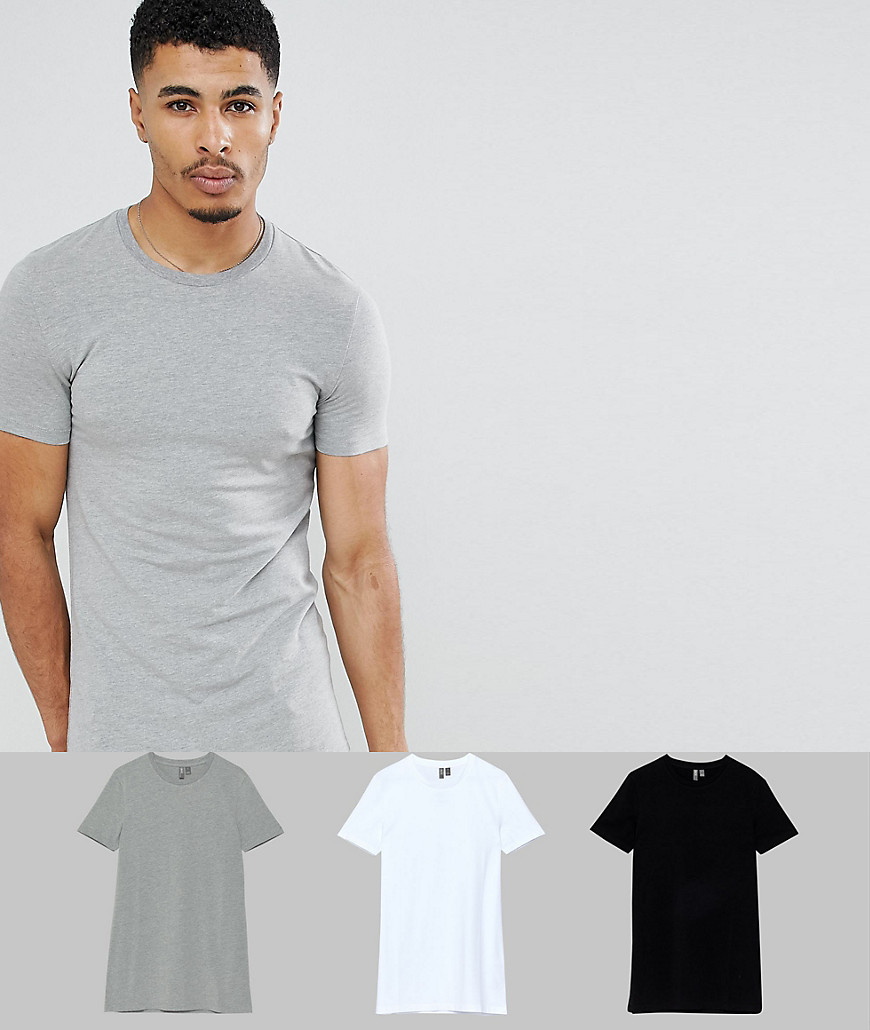 ASOS DESIGN 3-pak longline tætsiddende t-shirts med rund hals - spar-Multifarvet