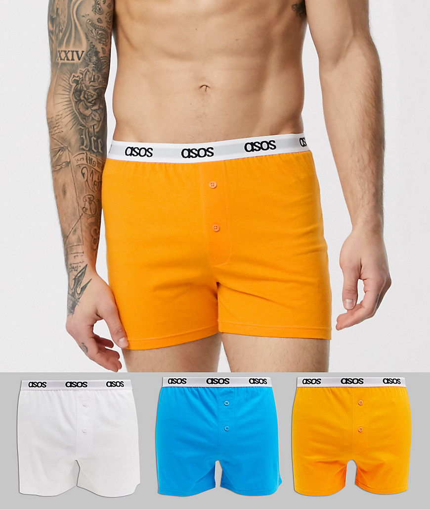 ASOS DESIGN - 3 pakke jersey boksershorts i blå, orange og hvid med taljebånd med logo - SPAR-Multifarvet