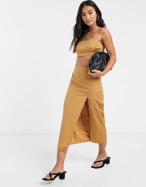 ASOS DESIGN 3 piece suit midi skirt in camel pinstripe