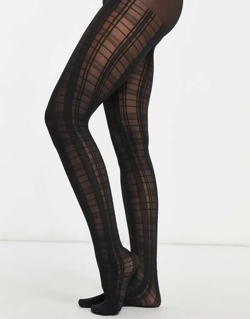 Women's semi-opaque gingham check tights in Black Dim Style