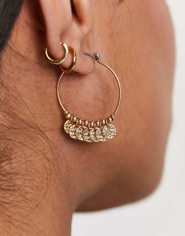 ASOS DESIGN 30mm hoop earrings with disc tassel design in gold tone