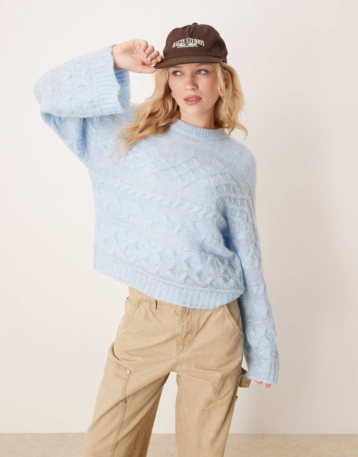 ASOS DESIGN 3D cable knit jumper with wide cuff in light blue