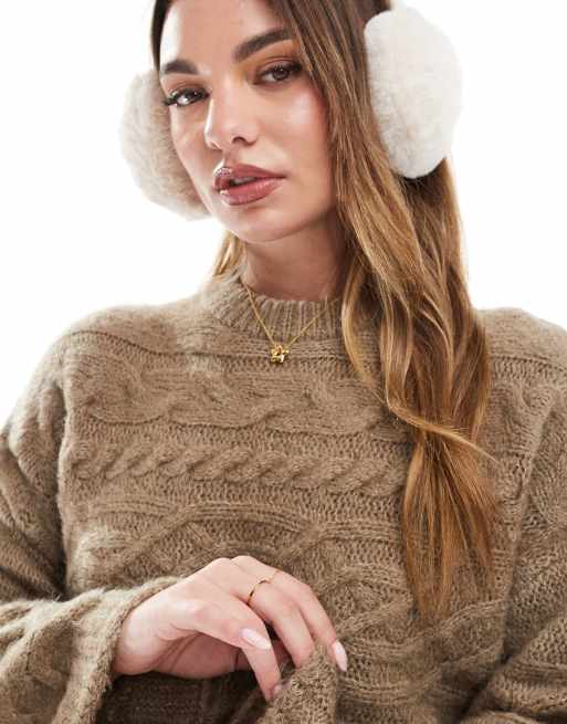 ASOS DESIGN 3D cable knit sweater with wide cuff in oatmeal