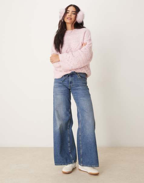 ASOS DESIGN 3D cable knit jumper with wide cuff in soft pink - view 1