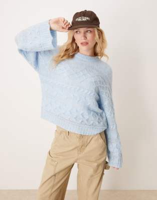 Asos Design 3d Cable Knit Sweater With Wide Cuff In Blue