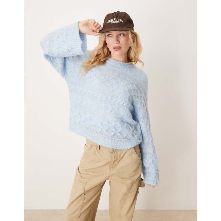 ASOS DESIGN 3D cable knit sweater with wide cuff in light blue | ASOS