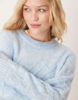 Asos Design 3d Cable Knit Sweater With Wide Cuff In Blue