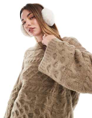 Asos Design 3d Cable Knit Sweater With Wide Cuff In Oatmeal-white