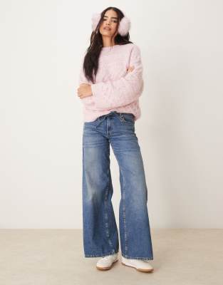 Asos Design 3d Cable Knit Sweater With Wide Cuffs In Soft Pink