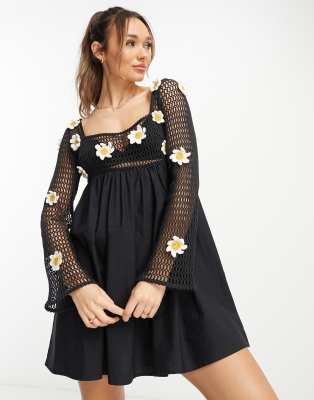 Asos Design 3d Daisy Crochet Mini Smock Dress In Black