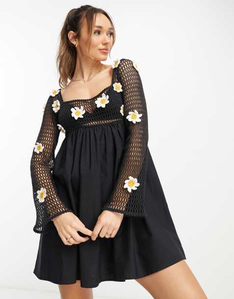 ASOS DESIGN 3D daisy crochet mini smock dress in black - view 1