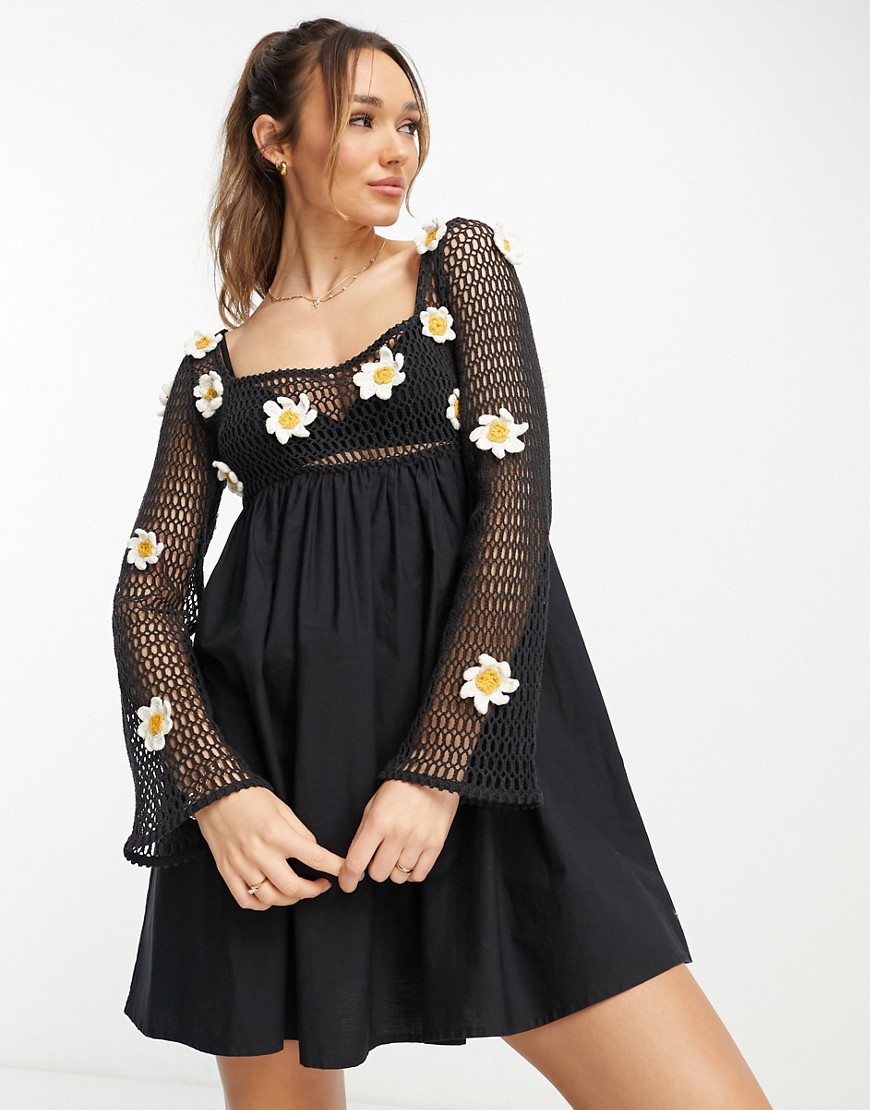 ASOS DESIGN 3D daisy crochet mini smock dress in black