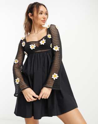 asos design 3d daisy crochet mini smock dress in black