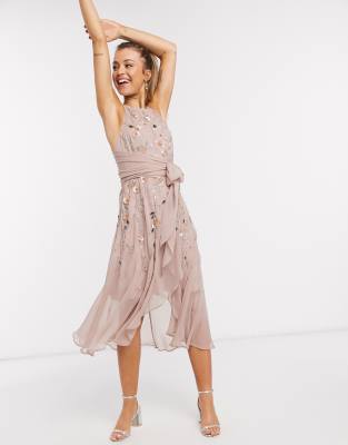 asos design strappy midi dress in delicate floral embellishment