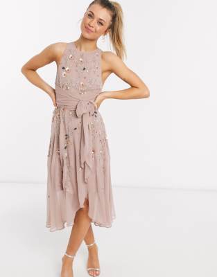 asos design strappy midi dress in delicate floral embellishment