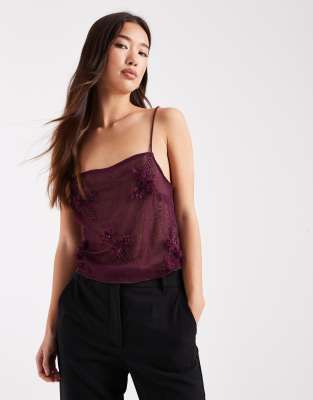 ASOS DESIGN 3D floral applique sequin sheer mesh cami top in burgundy-Red