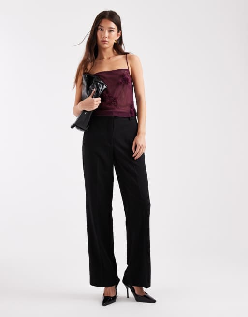 ASOS DESIGN 3D floral applique sequin sheer mesh cami top in burgundy