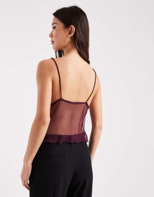 ASOS DESIGN 3D floral applique sequin sheer mesh cami top in burgundy