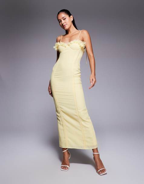 ASOS DESIGN 3D floral bust corset linen look midi dress in yellow - view 1
