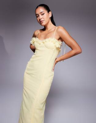 Asos Design 3d Floral Bust Corset Linen Look Midi Dress In Neutral
