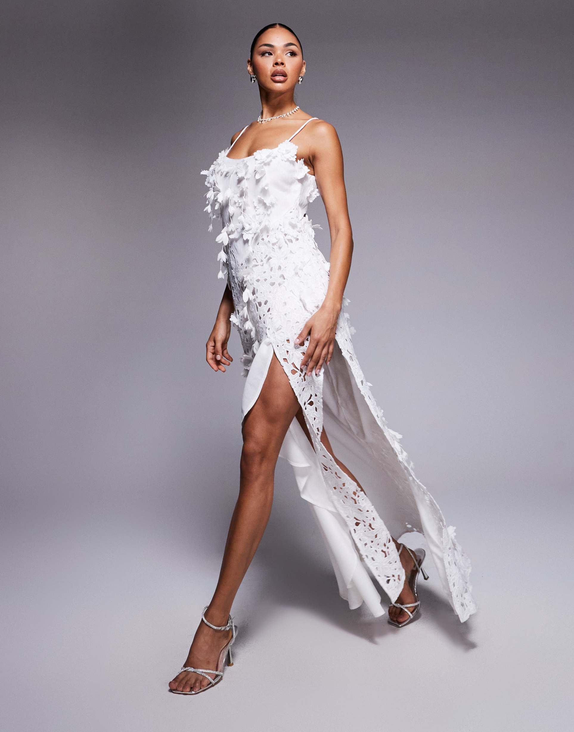 asos design 3d floral embroidered maxi dress with patchwork crochet in white