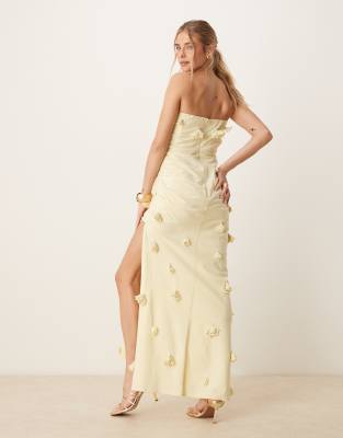 Asos Design 3d Floral Linen Mix Maxi Dress In Neutral