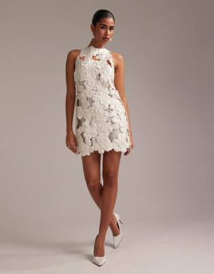Asos Design 3d Floral Shift Mini Dress In White