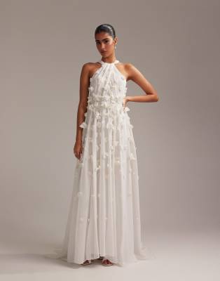 3D floral statement halter maxi wedding dress in ivory-White