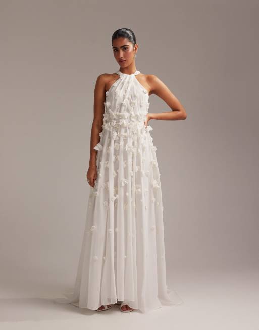 ASOS DESIGN 3D floral statement halter maxi wedding dress in ivory