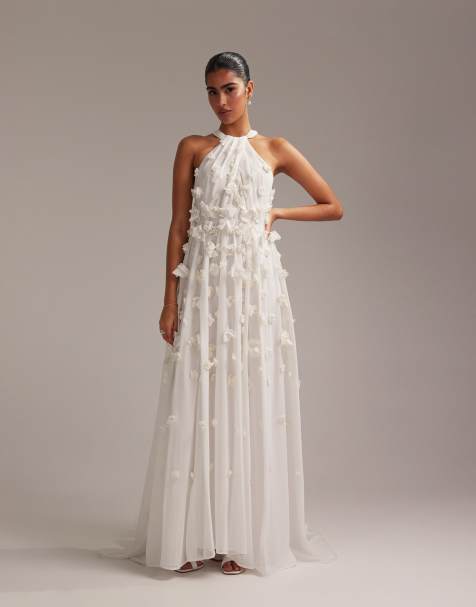 ASOS DESIGN 3D floral statement halter maxi wedding dress in ivory