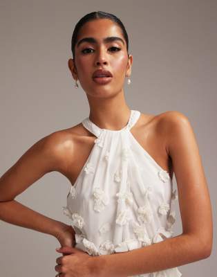 Asos Design 3d Floral Statement Halter Maxi Wedding Dress In White