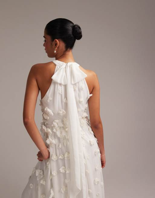 ASOS DESIGN 3D floral statement halter maxi wedding dress in ivory | ASOS