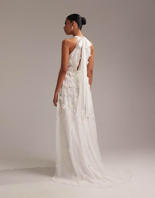 ASOS DESIGN 3D floral statement halter maxi wedding dress in ivory