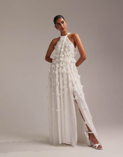 ASOS DESIGN 3D floral statement halter maxi wedding dress in ivory