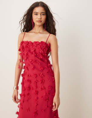 Asos Design 3d Flower Cami Strap Maxi Dress In Red