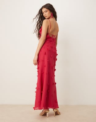 Asos Design 3d Flower Cami Strap Maxi Dress In Red