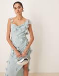 [ASOS DESIGN] ASOS DESIGN 3D flower draped ruffle sleeve midaxi dress with open back in light blue-Multi 12 Light blue